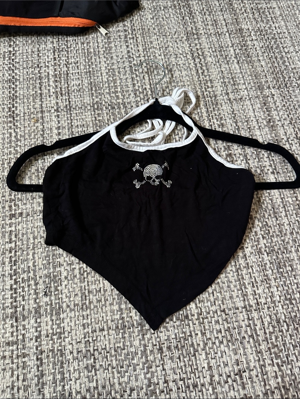 SHEIN Black Halter Bandana Crop Top with White Trim & Rhinestone Skull